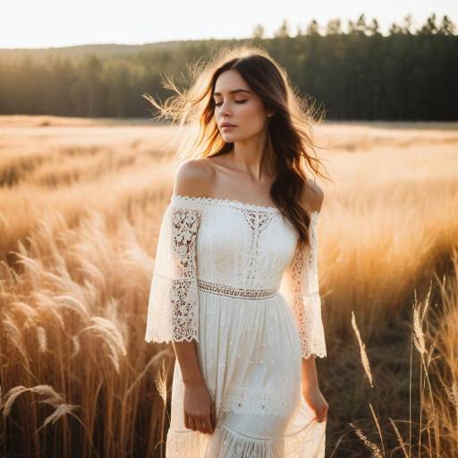 Woman in white lace dress in golden field