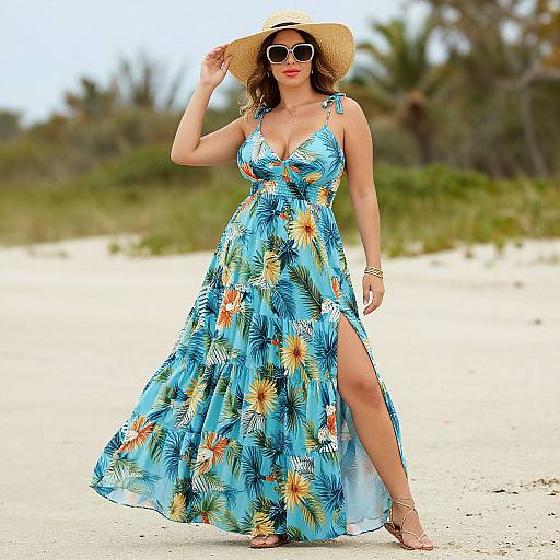 Photograph of a curvy woman in a vibrant blue floral dress with a high slit, wearing a straw hat and sunglasses, walking on a sunny beach