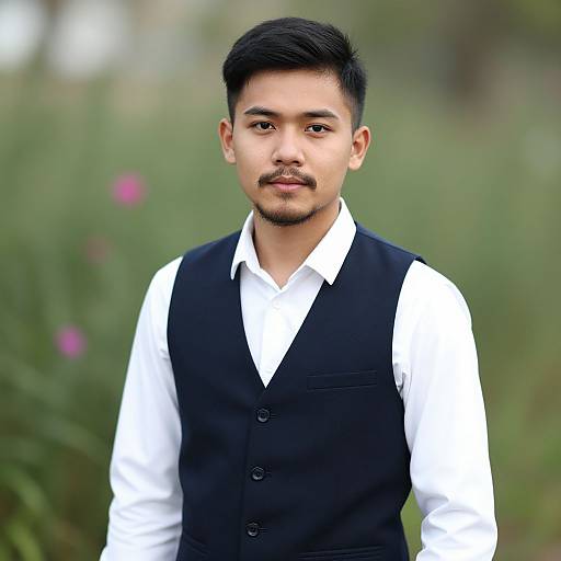 Photograph of a young Asian man with short black hair and a mustache, wearing a black vest over a white shirt, standing in a blurred green
