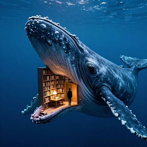 Digital artwork of a giant blue whale with a book-filled, warmly lit library inside its open mouth, with a silhouetted figure standing inside.