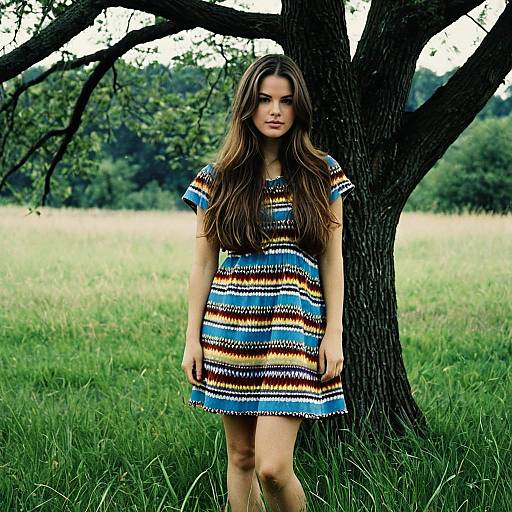 Young Woman in Multicolored Dress by Tree