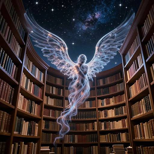 Digital art of a glowing, ethereal angel with translucent wings, floating in a starry sky-filled library with curved wooden bookshelves.