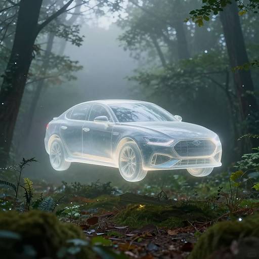 Ethereal Hovering Car in Misty Forest