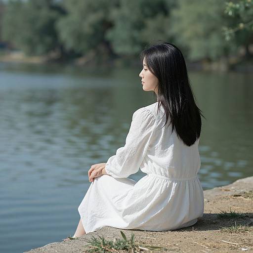 Serene Woman Sitting by Lake