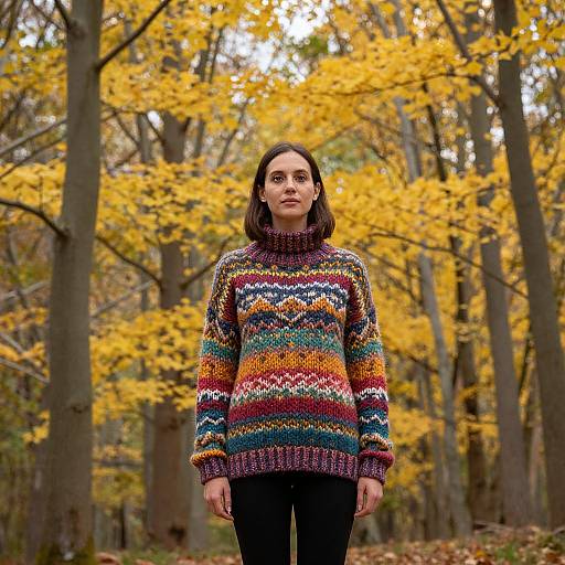 Photograph of a young woman with medium brown skin and black hair, wearing a colorful, patterned knit sweater, standing in a forest with vibrant yellow