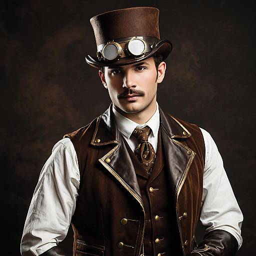 Steampunk Man in Brown Costume with Top Hat