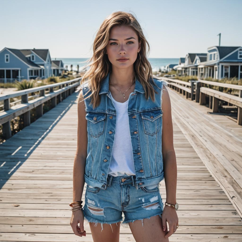 Chic Denim Ensemble on Beach Boardwalk