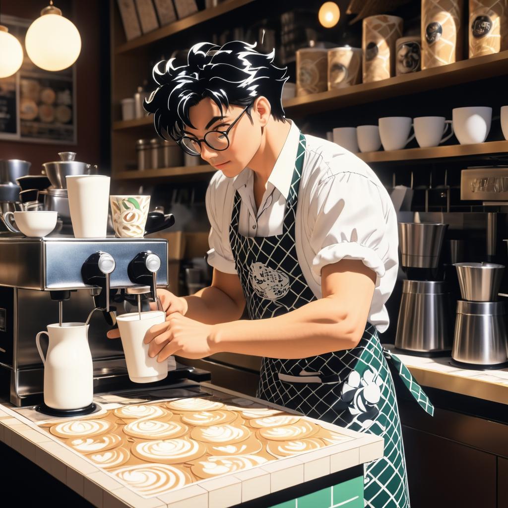 Dynamic Barista Crafting Latte in 90s Anime