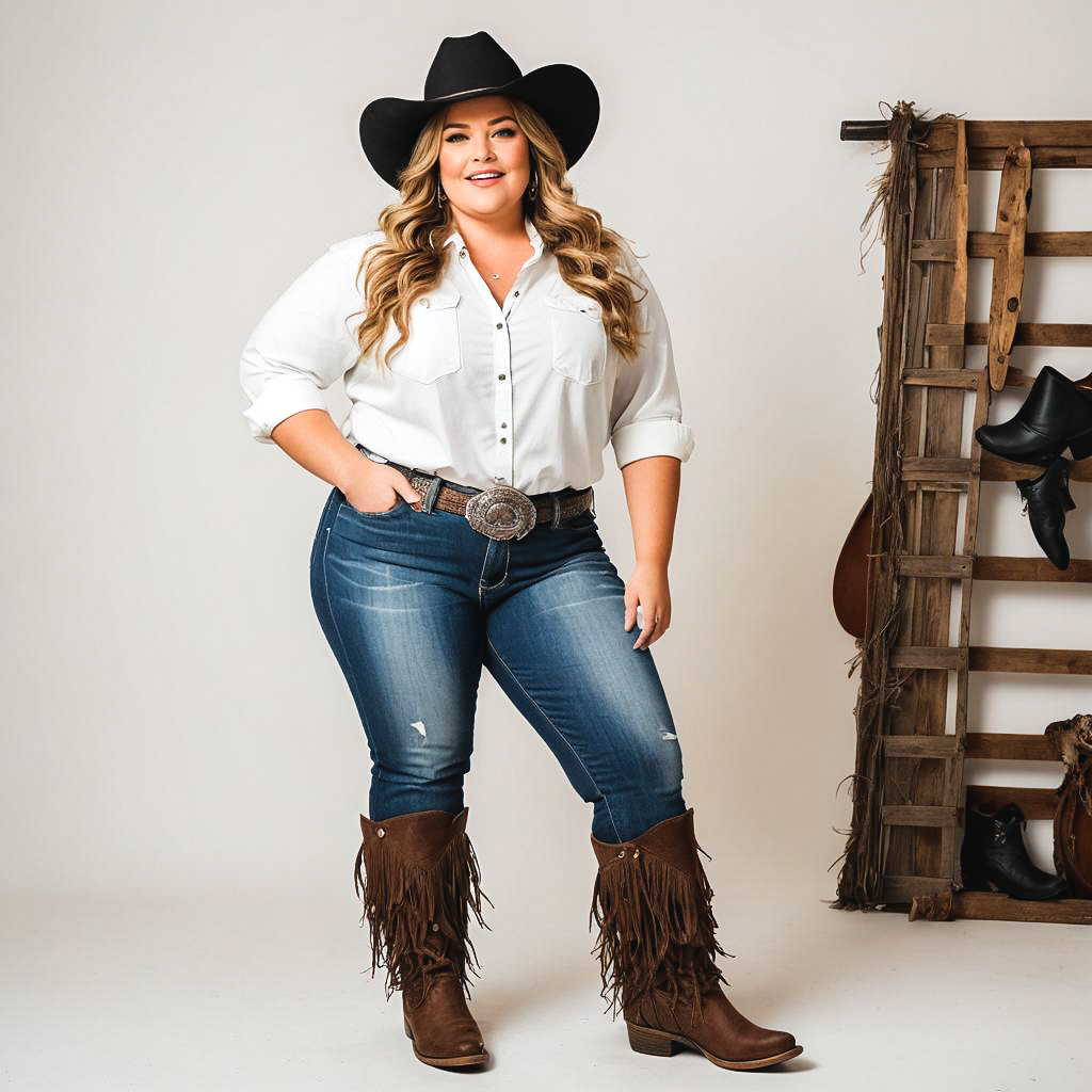 Stylish Plus-Size Cowgirl in Studio