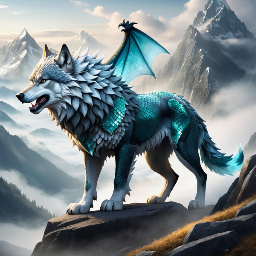 Mystical Wolf-Dragon Hybrid on Mountain