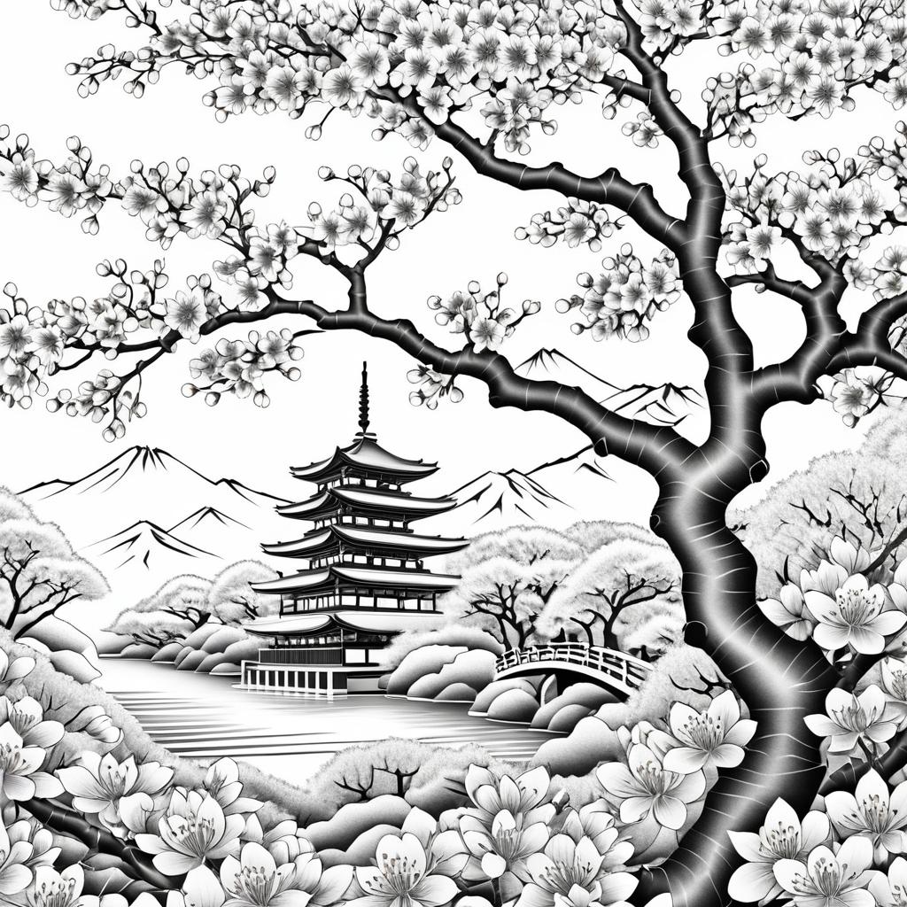 Intricate Japanese Cherry Blossom Coloring Page