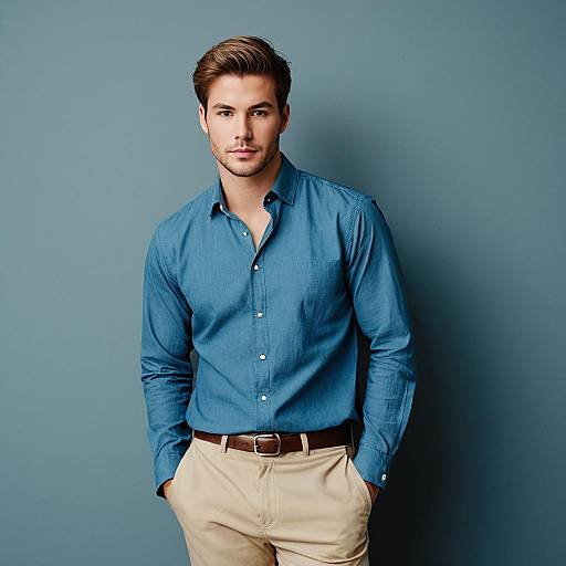 Casual Man in Blue Shirt and Beige Pants