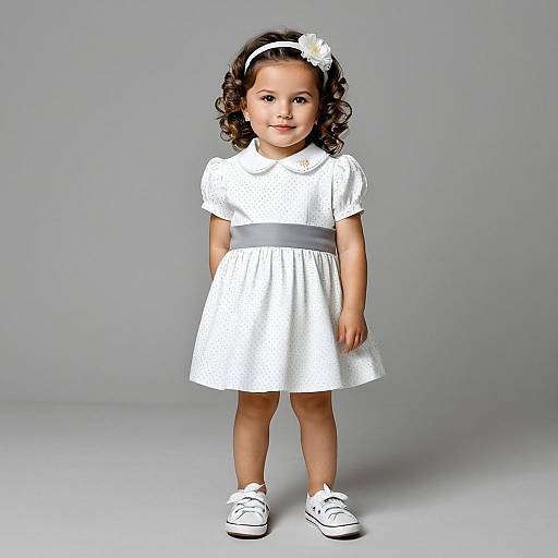 Toddler Girl in White Dress with Gray Waistband