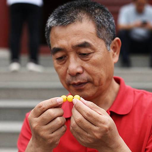 Focused Man Examining Yellow Beads Outdoors