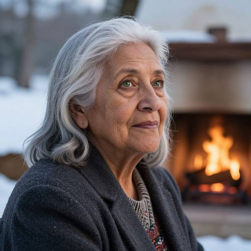Photograph of an elderly woman with white hair, wearing a dark coat, standing outdoors by a lit fireplace on a snowy day.