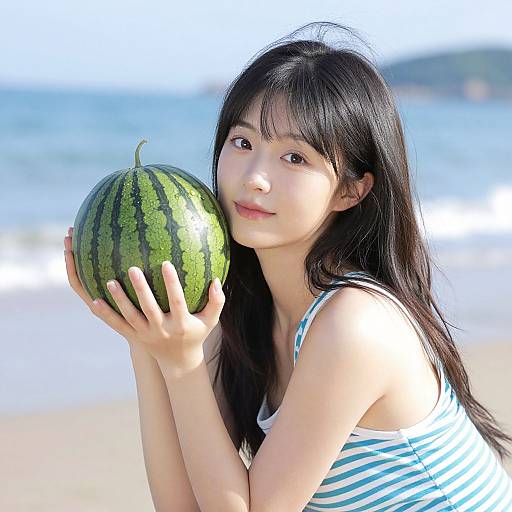 Photograph of an Asian woman with long black hair, wearing a blue and white striped tank top, holding a large watermelon on a sunny beach with
