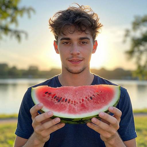Young man with messy dark hair, wearing a black shirt, holding a large slice of watermelon in front of a sunset-lit lake. Photograph.