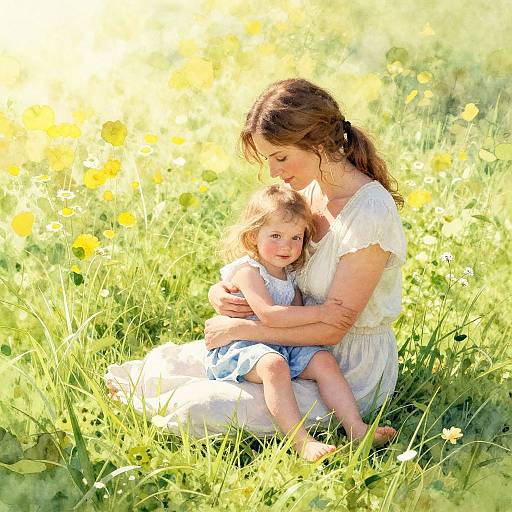 Tender Mother and Child in Meadow
