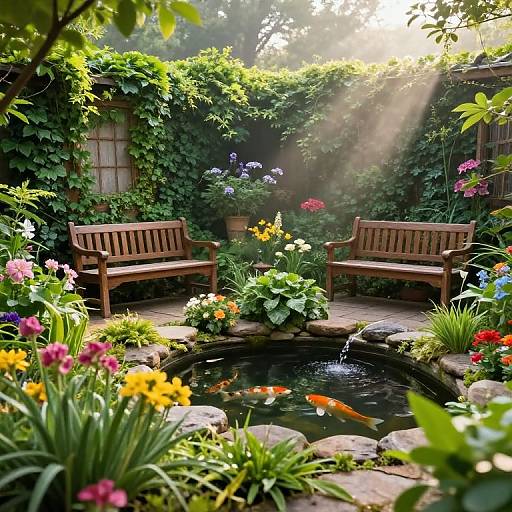 Photograph of a sunlit, lush garden with two wooden benches, colorful flowers, a small fountain, and a koi pond, surrounded by green