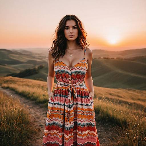 Woman in Colorful Sundress at Sunset