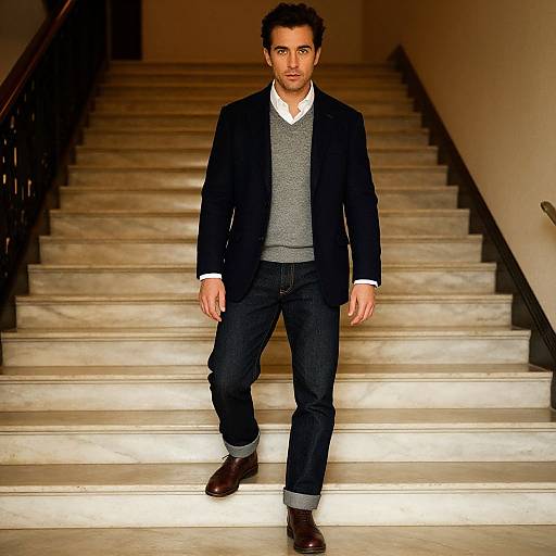 Photograph of a stylish man with short dark hair, wearing a black blazer, gray sweater, white shirt, dark jeans, and brown shoes,