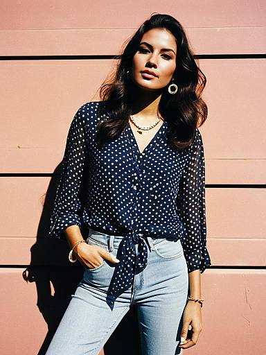 Fashionable woman in polka dot blouse and jeans