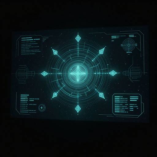 Digital art of a glowing blue holographic interface with symmetrical, radiant diamond shapes radiating from a central point on a dark background.