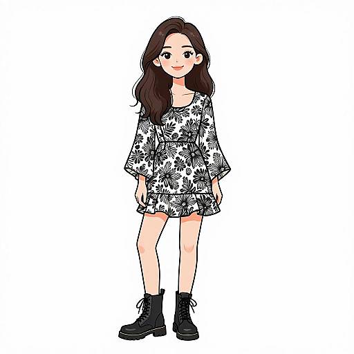 Anime-style digital drawing of a smiling young woman with long brown hair, wearing a black and white floral dress and black ankle boots.