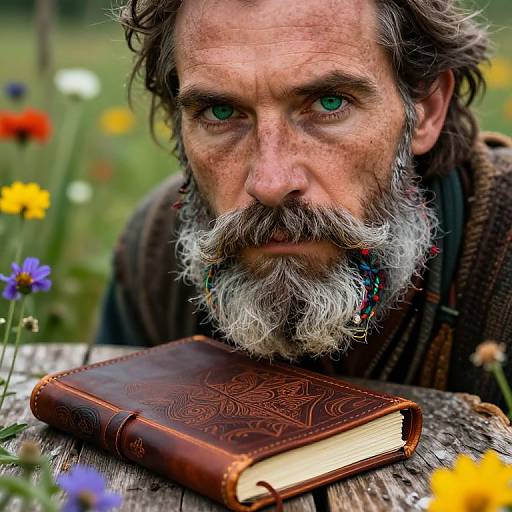 Photograph of a rugged, bearded man with green eyes, wearing a beaded necklace, leaning over a brown, intricately designed leather book in