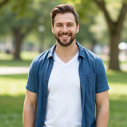 Photograph of a smiling, bearded man with short brown hair, wearing a blue button-up shirt over a white V-neck tee, standing in a