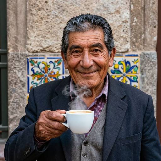 Photograph of an older man with gray hair, smiling, holding a steaming white cup, wearing a black jacket and checkered shirt, against a