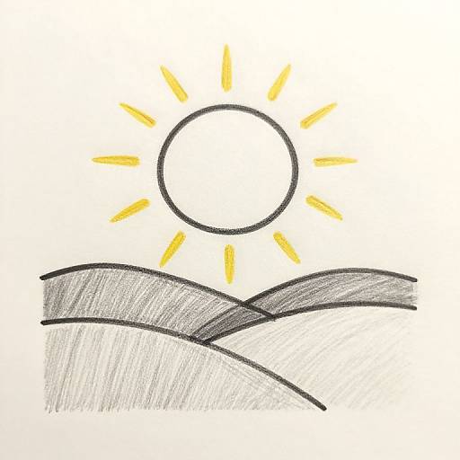 Simple pencil drawing of a sun with yellow rays over wavy, gray mountain lines on a white background.