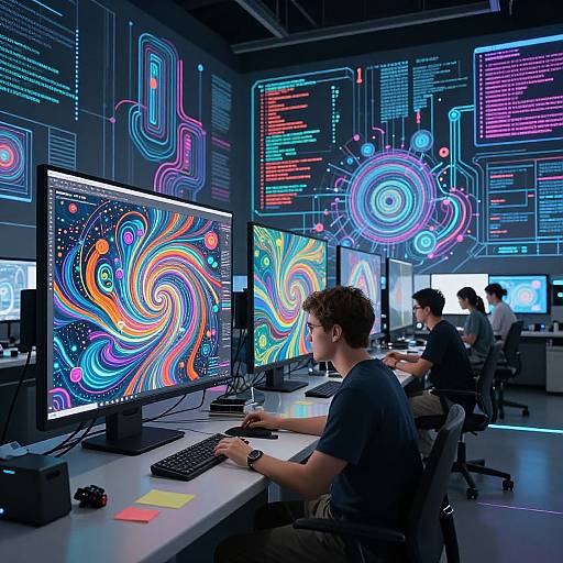 Photograph of a modern tech office with neon-lit digital patterns on walls, three male programmers at desks, colorful swirling screens, and high-tech equipment