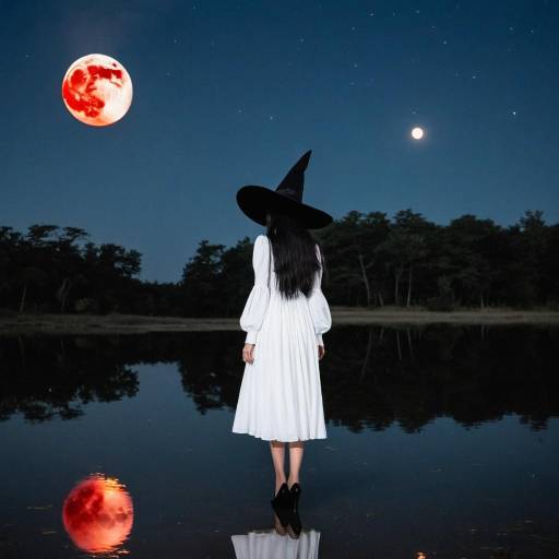 Woman in Witch Hat Under Red Moon