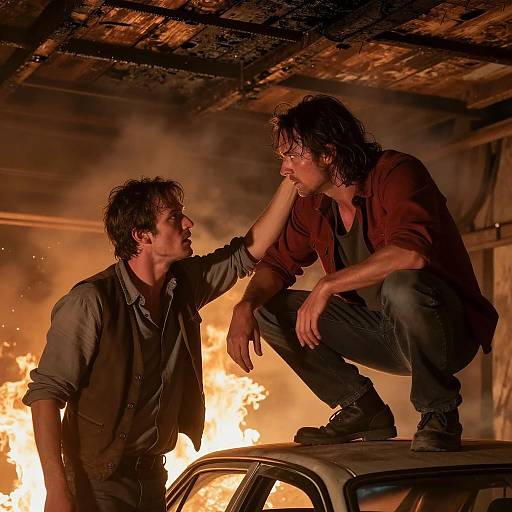 Two Men in Burning Tunnel Intense Moment