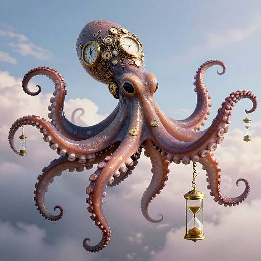 Digital artwork of a steampunk octopus with clock faces, hanging lanterns, pinkish-purple skin, and intricate gears, floating above clouds in