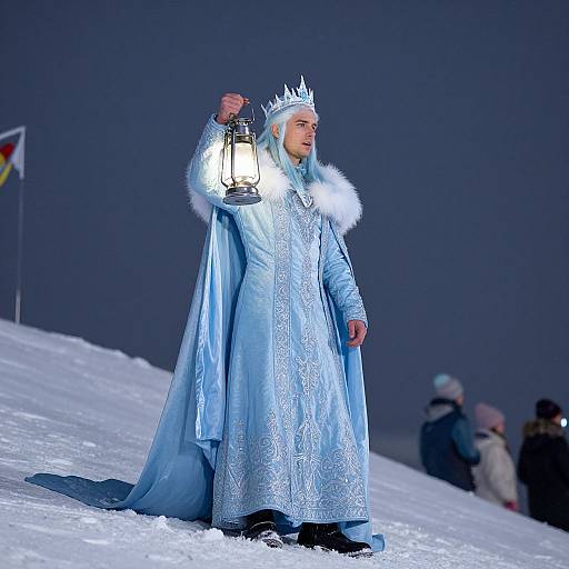 Photograph of a person in a blue, ornate, fur-trimmed royal costume with a crown, holding a lantern, standing on a snowy
