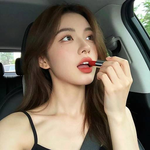 Woman Applying Lipstick in Car