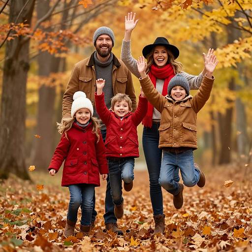 Photograph of a bearded father and mother, with two children, joyfully running through a autumn forest, surrounded by fallen leaves.