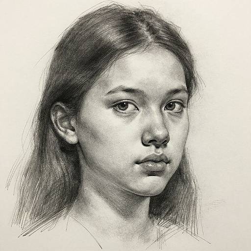 Black-and-white pencil sketch of a young girl with long hair, soft features, and a neutral expression, looking slightly to the right.