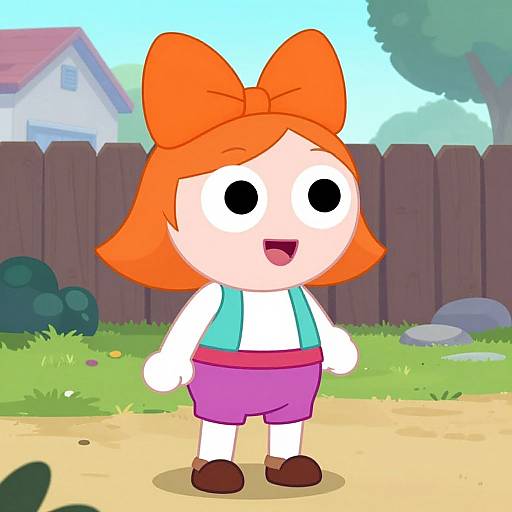 Cartoon-style drawing of a smiling girl with orange bow, white shirt, teal vest, pink shorts, and brown shoes, standing on a sunny sidewalk