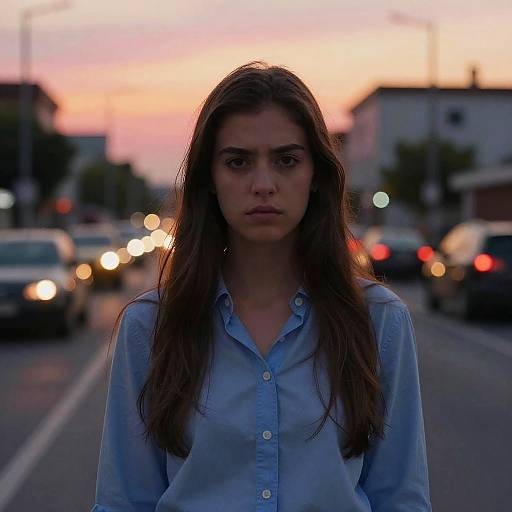 Photograph of a serious young woman with long brown hair, wearing a light blue button-down shirt, standing on a busy street at dusk with blurred car