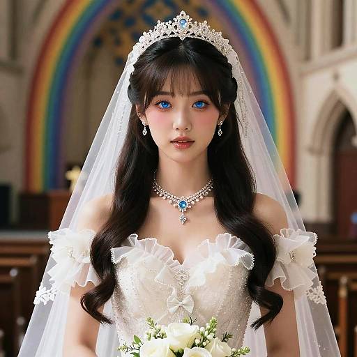 Digital artwork of a beautiful Asian bride with blue eyes, black hair, white lace dress, tiara, and veil, holding flowers, with a vibrant