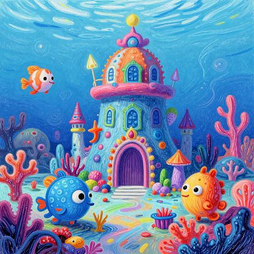 Vibrant underwater scene with colorful fish, coral, and a whimsical, dome-topped castle, illuminated by sunlight filtering from above. Digital illustration