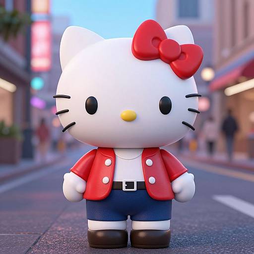 CGI image of Hello Kitty in a red jacket, blue pants, and a red bow, standing on an urban street at dusk.