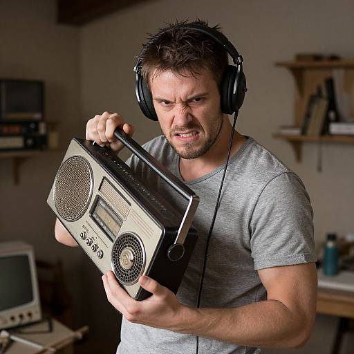 Photograph of a muscular, bearded man with short brown hair, wearing headphones and a gray t-shirt, holding a vintage dual cassette player in a
