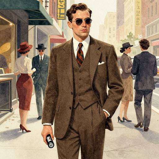 Digital illustration of a 1950s-style man in a brown suit, white shirt, striped tie, and sunglasses, walking on a bustling city street