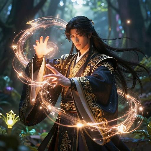 Digital art of a long-haired, dark-haired man in an ornate black robe, conjuring glowing, swirling light in a mystical forest.