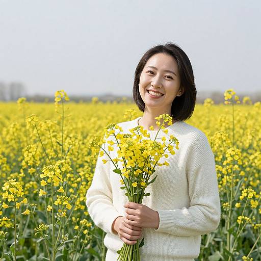 Photograph of a smiling Asian woman with short black hair, wearing a white knit sweater, holding yellow flowers in a vibrant yellow field. Bright, sunny