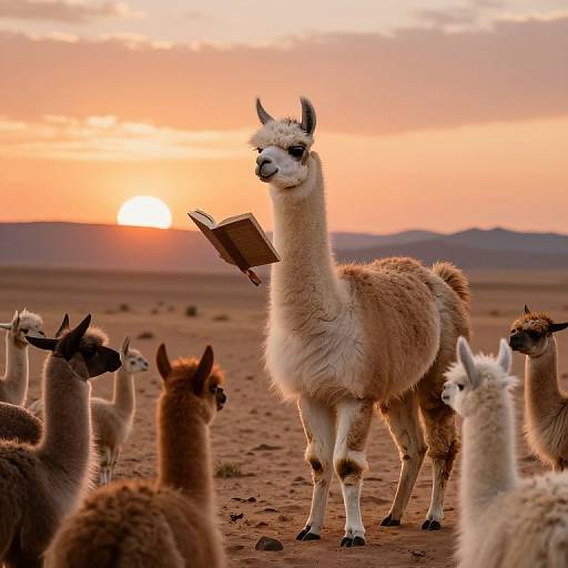 Photograph of a llama with a fluffy, beige coat reading a book at sunset in a desert, surrounded by other llamas.